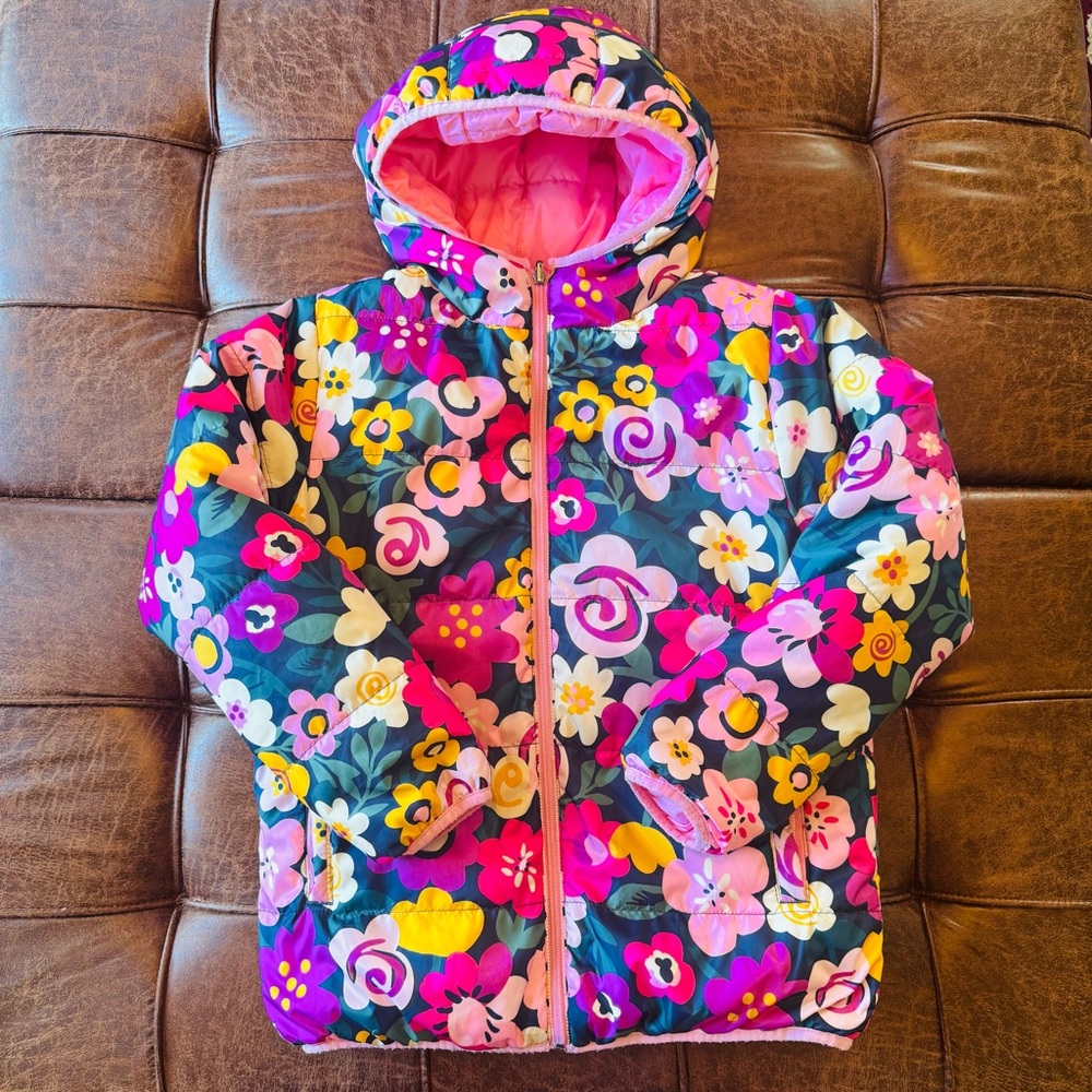 EUC Hanna Andersson Reversible Floral Kids Puffer Jacket  size 10/140